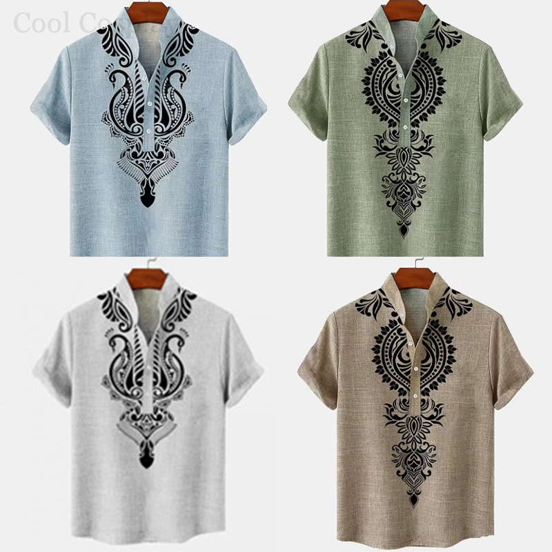 Ethnic Fashion Style - 남성 레트로 헨리 셔츠 남성용 3D