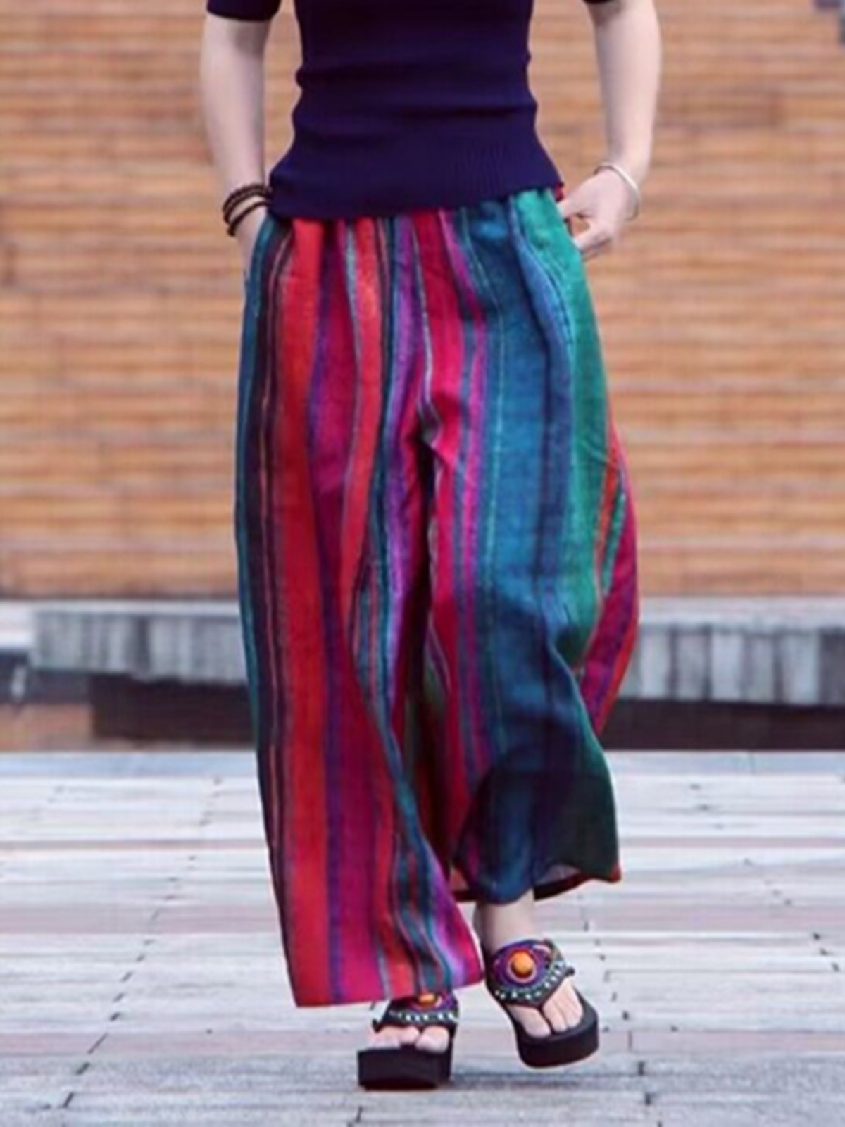Ethnic Fashion Style - 여름 캐주얼 예술적 와이드 레그 팬츠