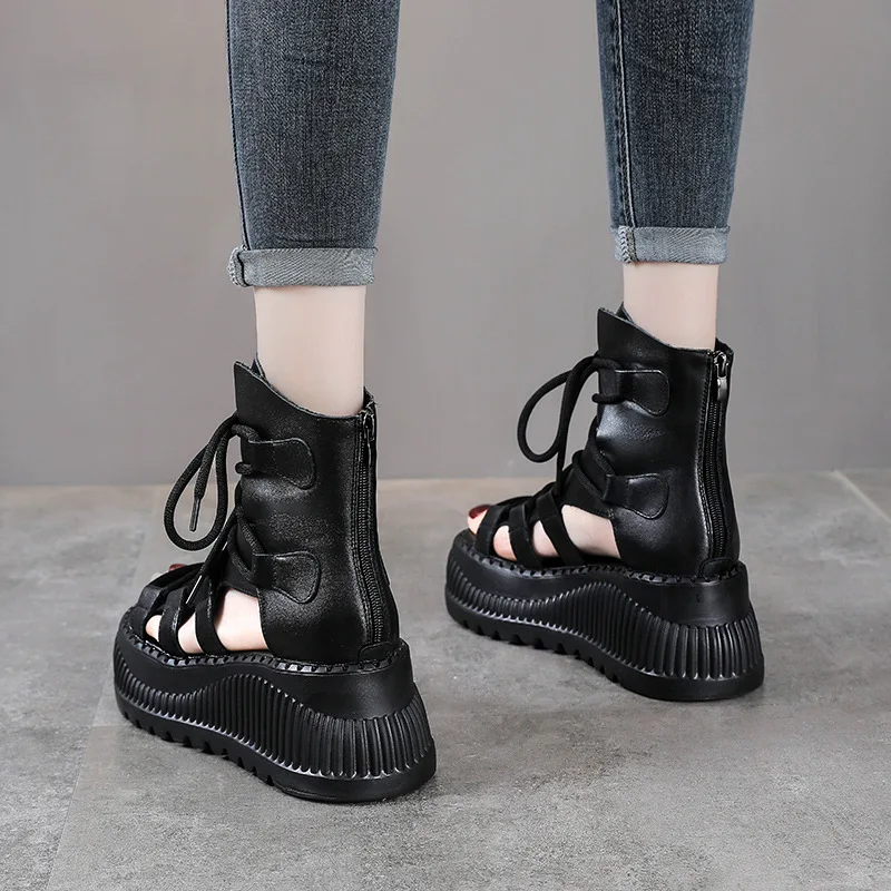 8CM 에스닉 소 가죽 앵클 부츠 여성용 속굽 플랫폼  - Ethnic Modern Fashion 리뷰 및 가격