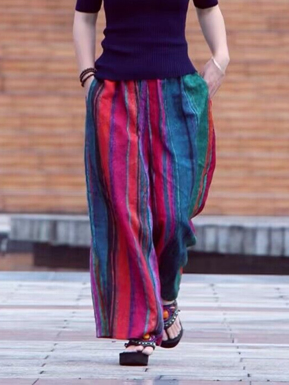 여름 캐주얼 예술적 와이드 레그 팬츠 여성용 긴 바지  - Ethnic Fashion Style 리뷰 및 가격