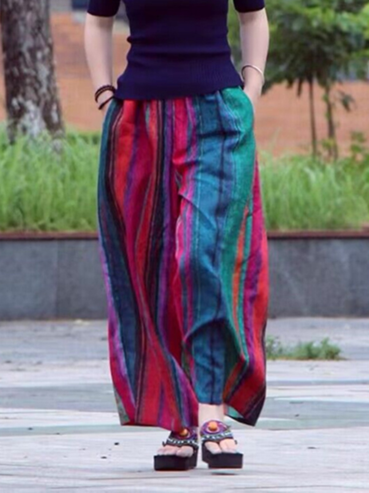 여름 캐주얼 예술적 와이드 레그 팬츠 여성용 긴 바지  - Ethnic Fashion Style 리뷰 및 가격