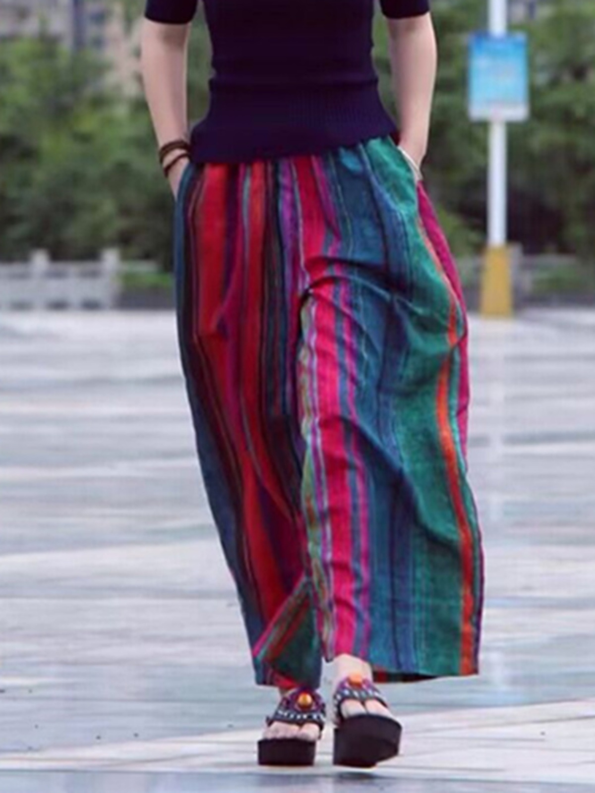 여름 캐주얼 예술적 와이드 레그 팬츠 여성용 긴 바지  - Ethnic Fashion Style 리뷰 및 가격